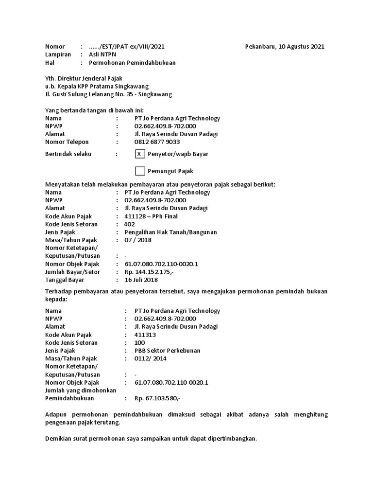 Permohonan Pemindahbukuan Pajak PT Jo | PDF