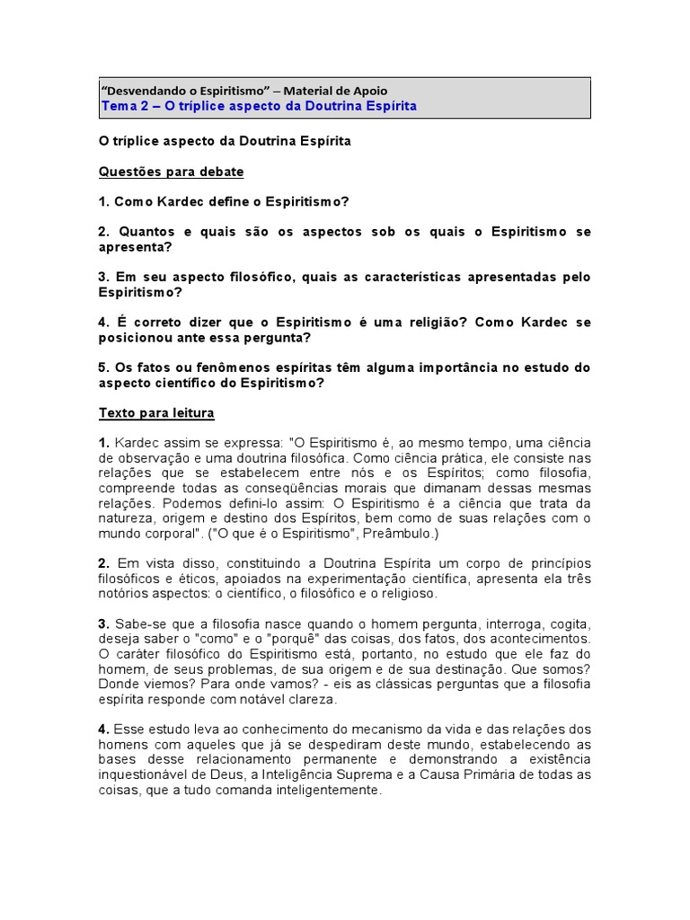 Desvendando Tema 02 O Tríplice Aspecto Da Doutrina Espírita Pdf