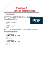 Practical-1 Functions in Mathematica: A) " " Is Used To Test If One Quantity Is Equal To Another