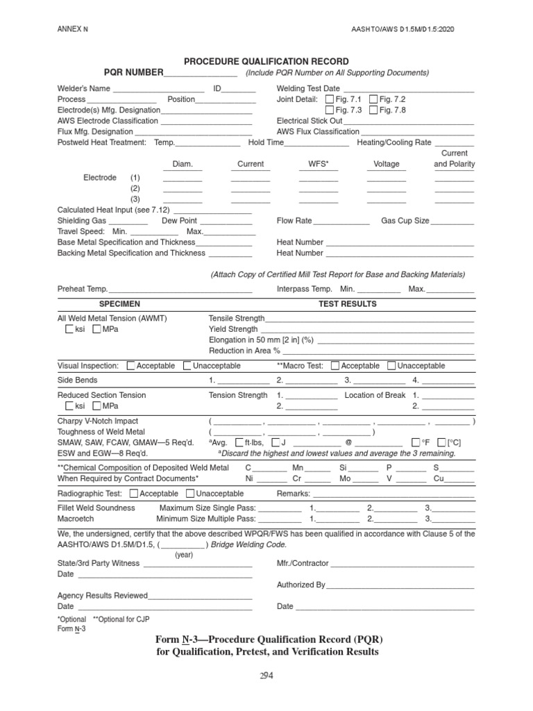 Form N 3 Sample Procedure Qualification Record PDF Construction