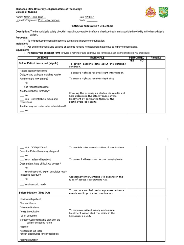 Alcain Hemo Safety Checklist PDF Hemodialysis Patient