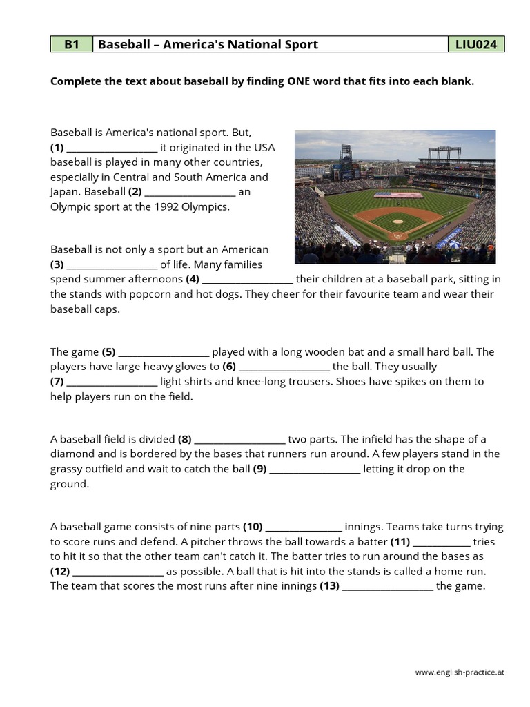 Open cloze b1 baseball pdf baseball field pitcher