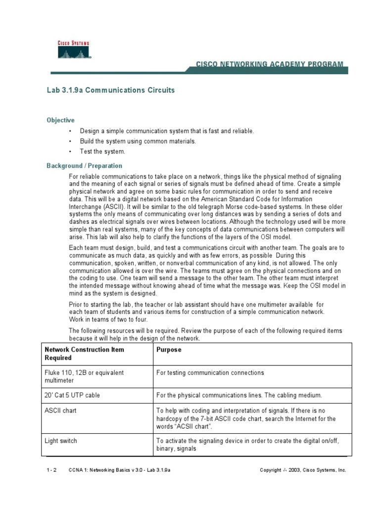 Lab 3.1.9a Communications Circuits: Objective | PDF | Computer Network ...