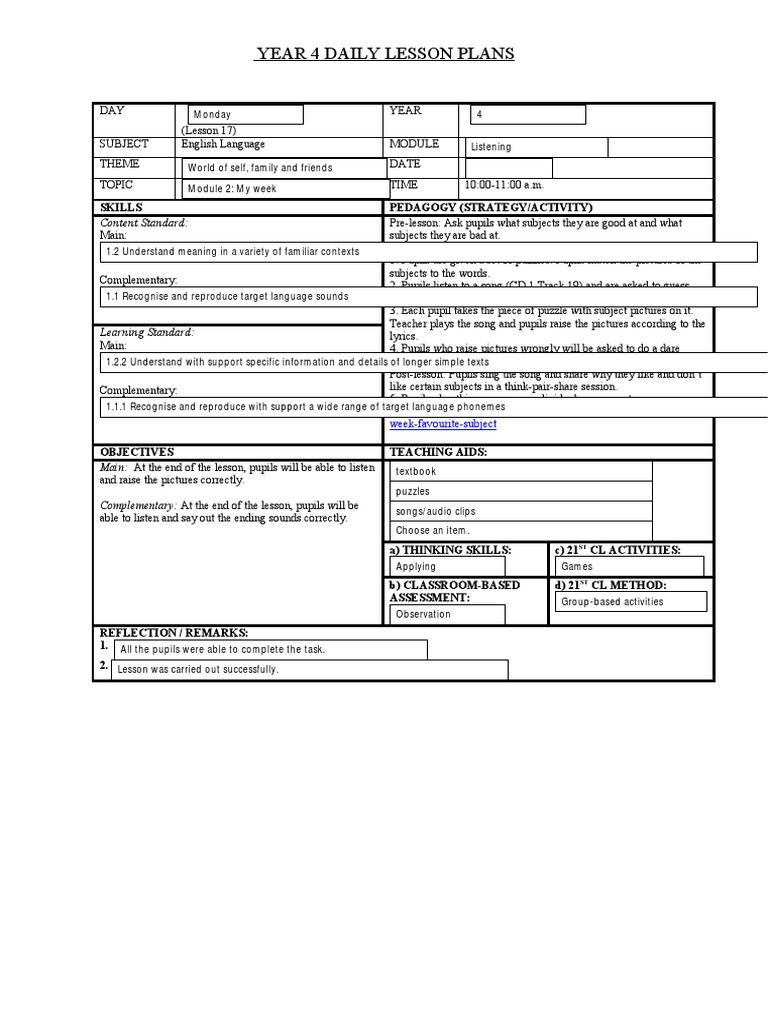 Year 4 English Lesson Plans | PDF | Teachers | Lesson Plan