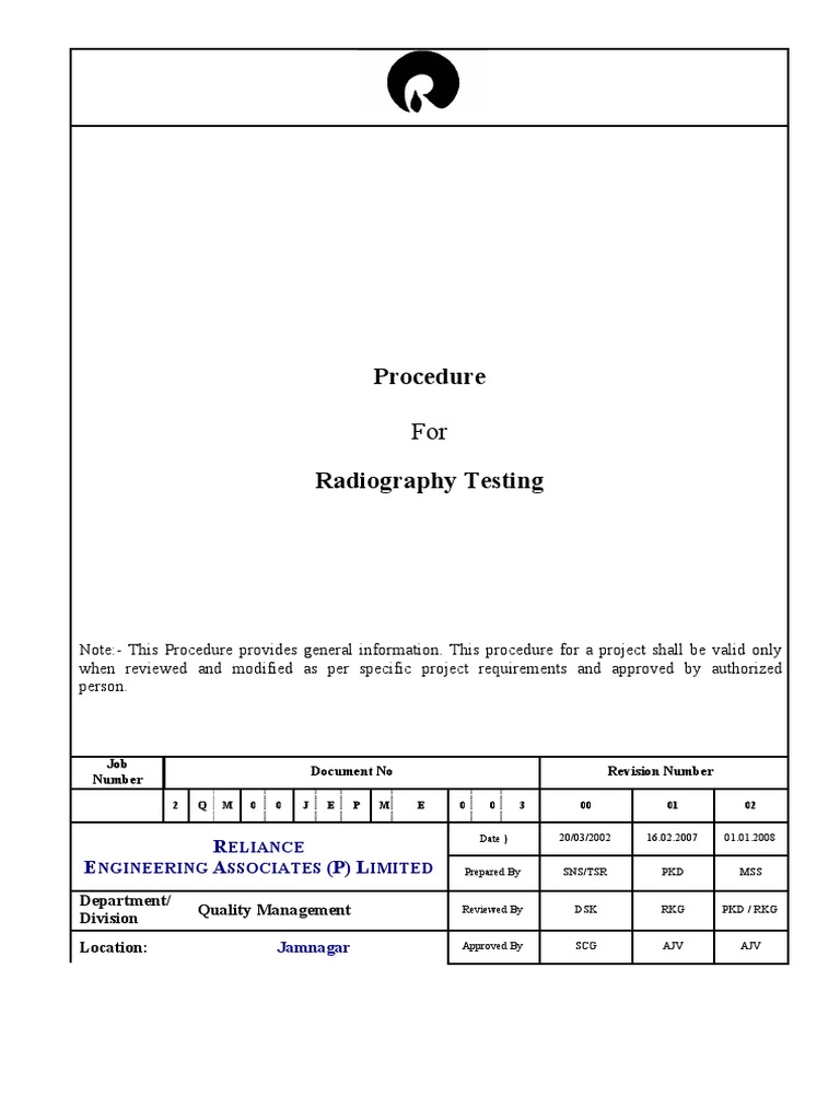 Radiography Testing Procedure Guide | PDF | Radiography ...