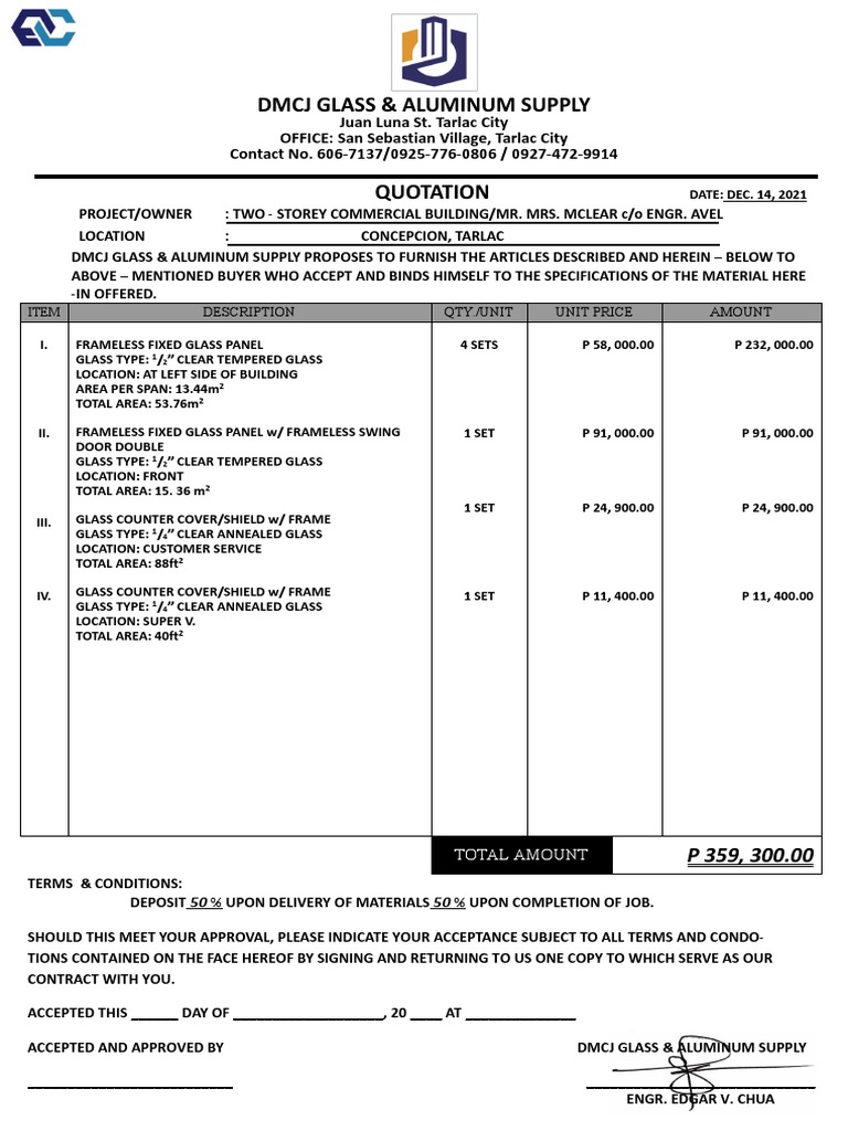 Quotation For The Supply of Glass and Aluminum Works For 2 Storey