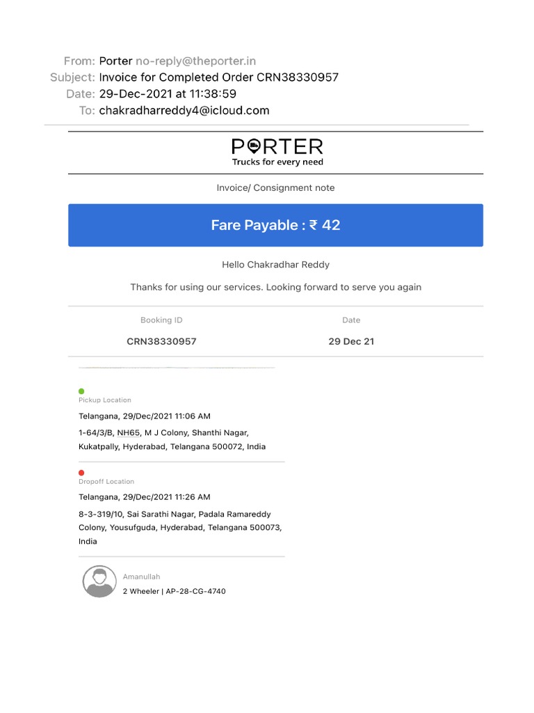 Porter Invoice for Booking CRN38330957 | PDF | Software | Computing