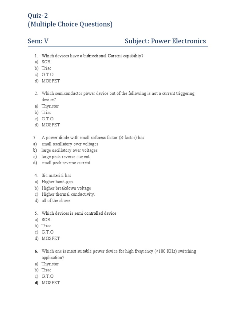 Quiz-2 (Multiple Choice Questions) Sem: V Subject: Power Electronics ...