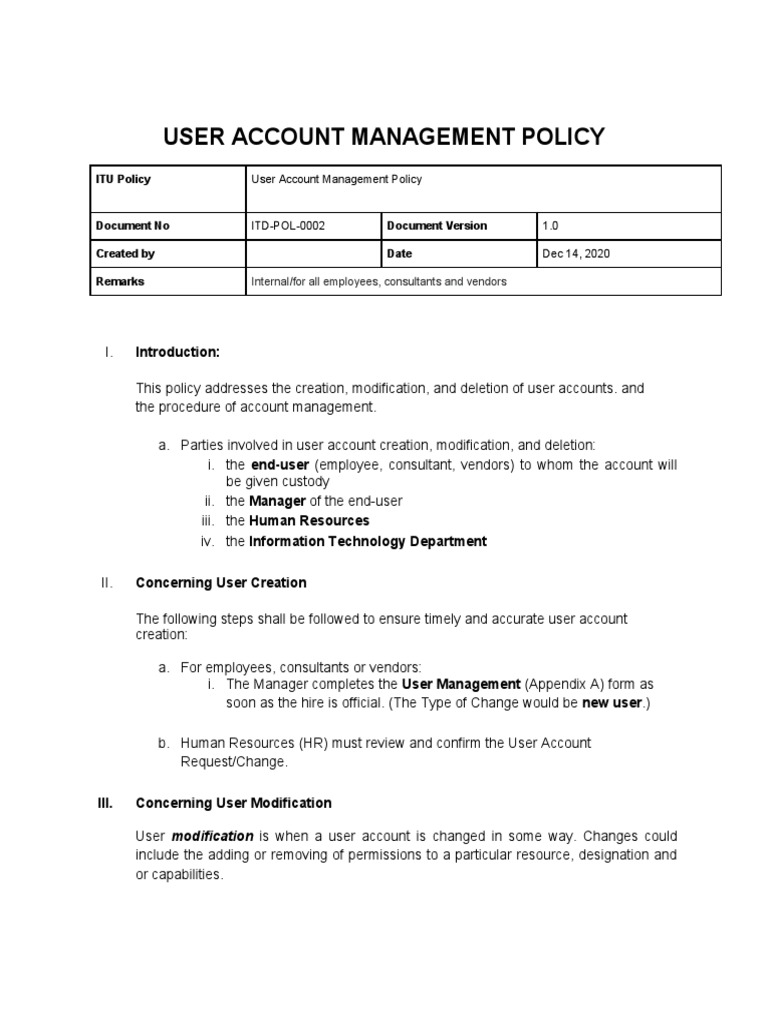 Policy On User Account Creation, Modification, and Deletion - 1 | PDF ...