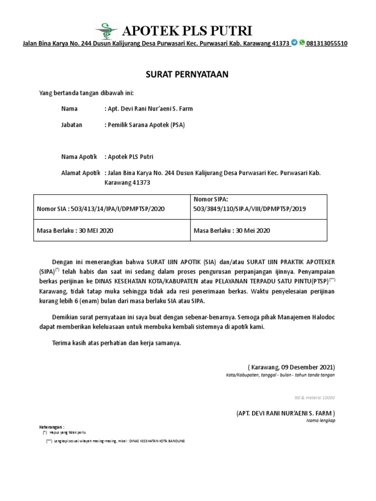 Surat Pernyataan Apotik Sedang Pengurusan SIA Atau SIPA | PDF