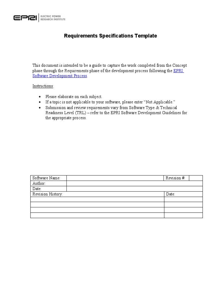 Requirements Specifications Template Epri Software Development Process