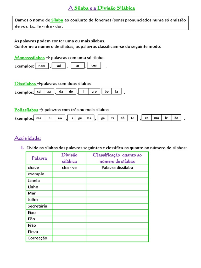 Divisão Silábica e Regras de Separação | PDF | Sílaba | Famílias ...