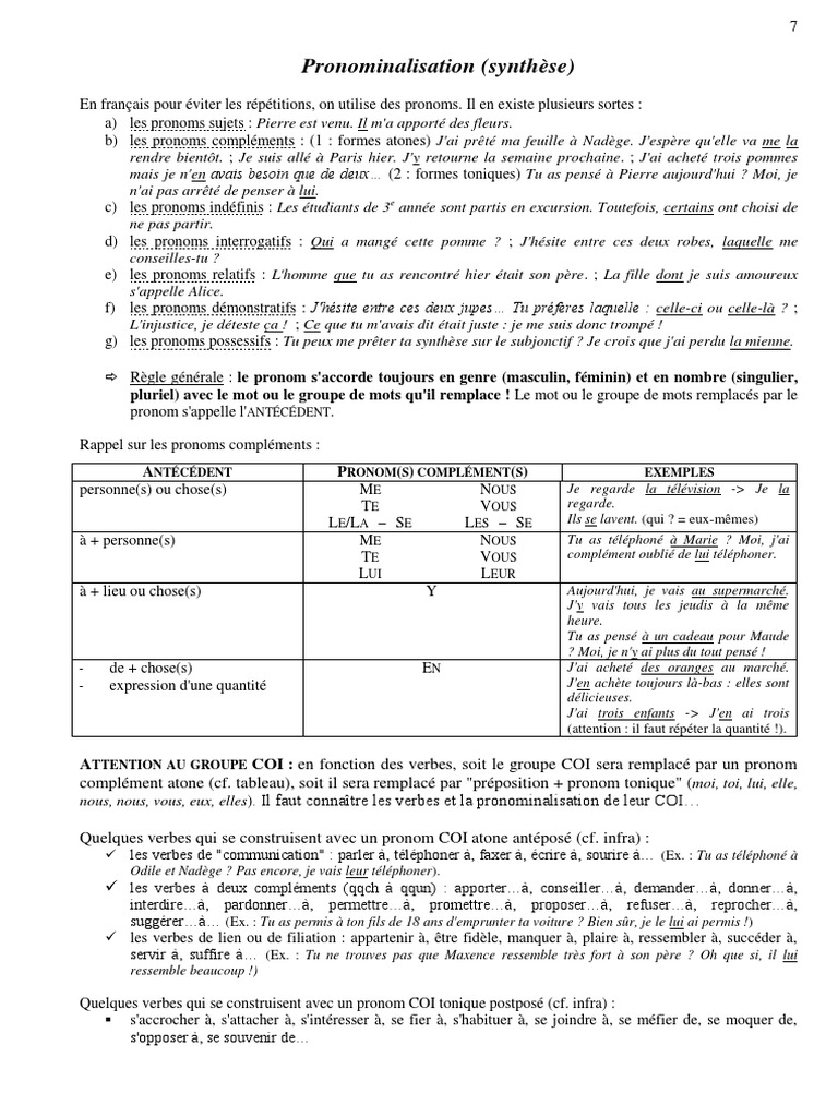 Pronominalisation en français | PDF | Pronom | Complément d'objet