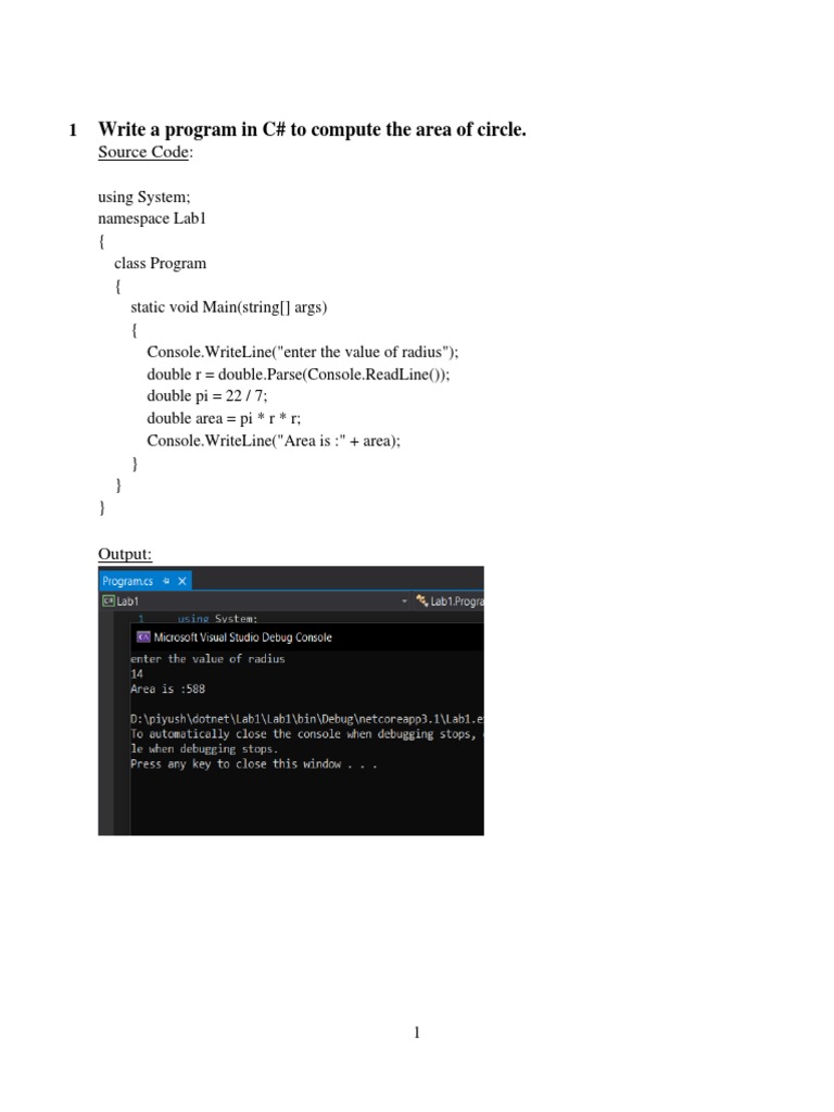 Write A Program in C# To Compute The Area of Circle.: Source Code | PDF ...