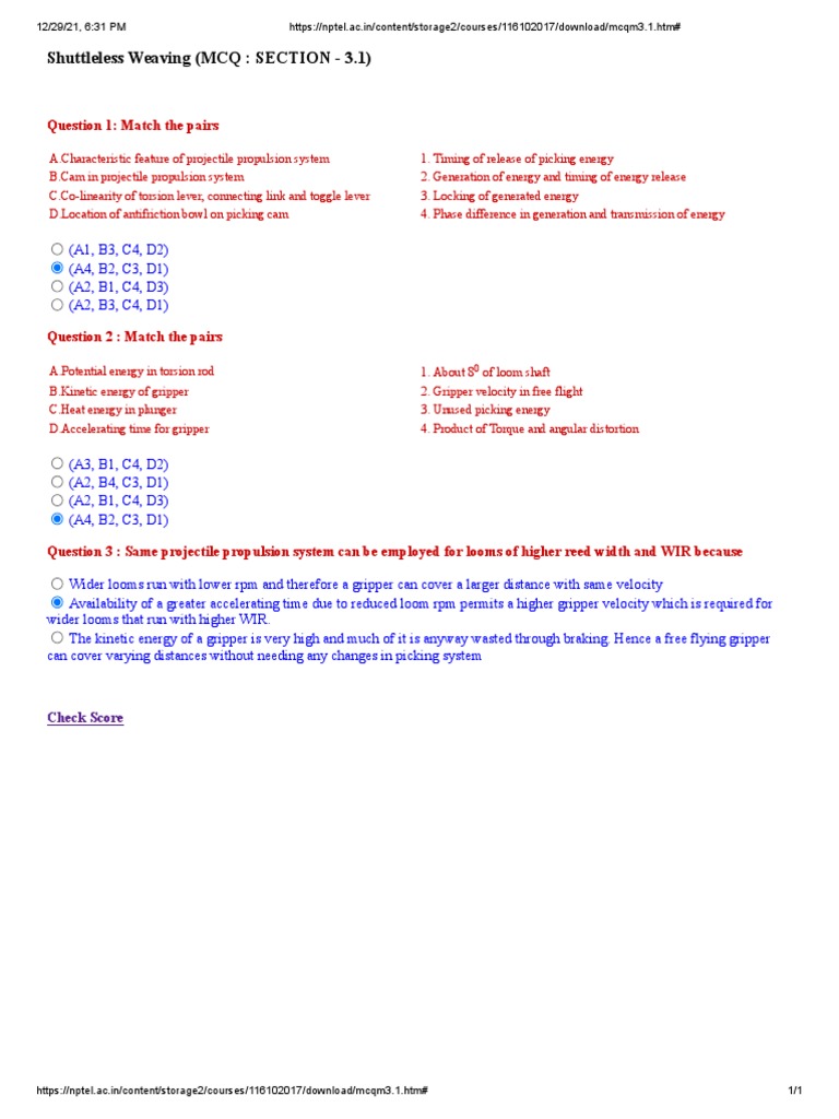 Shuttleless Weaving (MCQ SECTION 3.1) Question 1 Match The Pairs