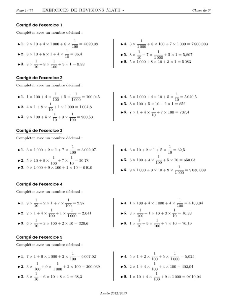 Exercices Nombres Décimaux Cm1 Pdf Avec Correction Decomposition Des Nombres Decimaux Corrige Serie D Exercices 1 | PDF |  Division | Arithmétique
