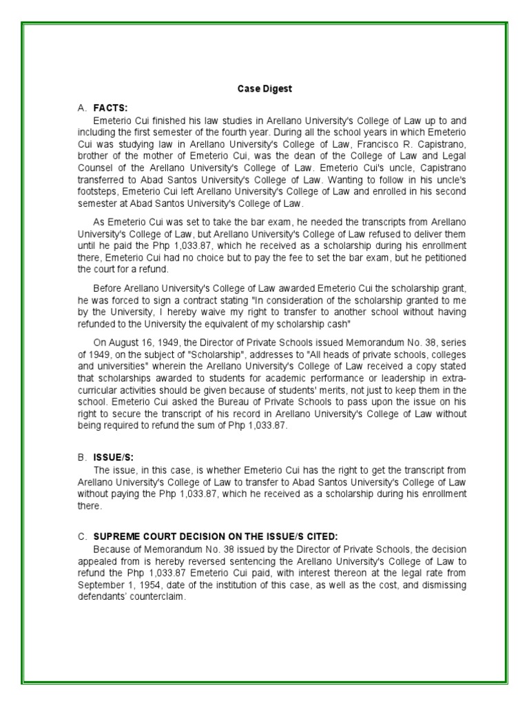 Case digest cui vs arellano university gr l 15127 may 30 1961 pdf