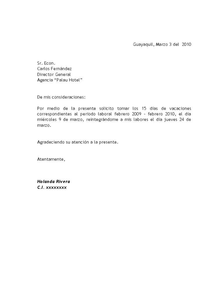 Carta para Vacaciones