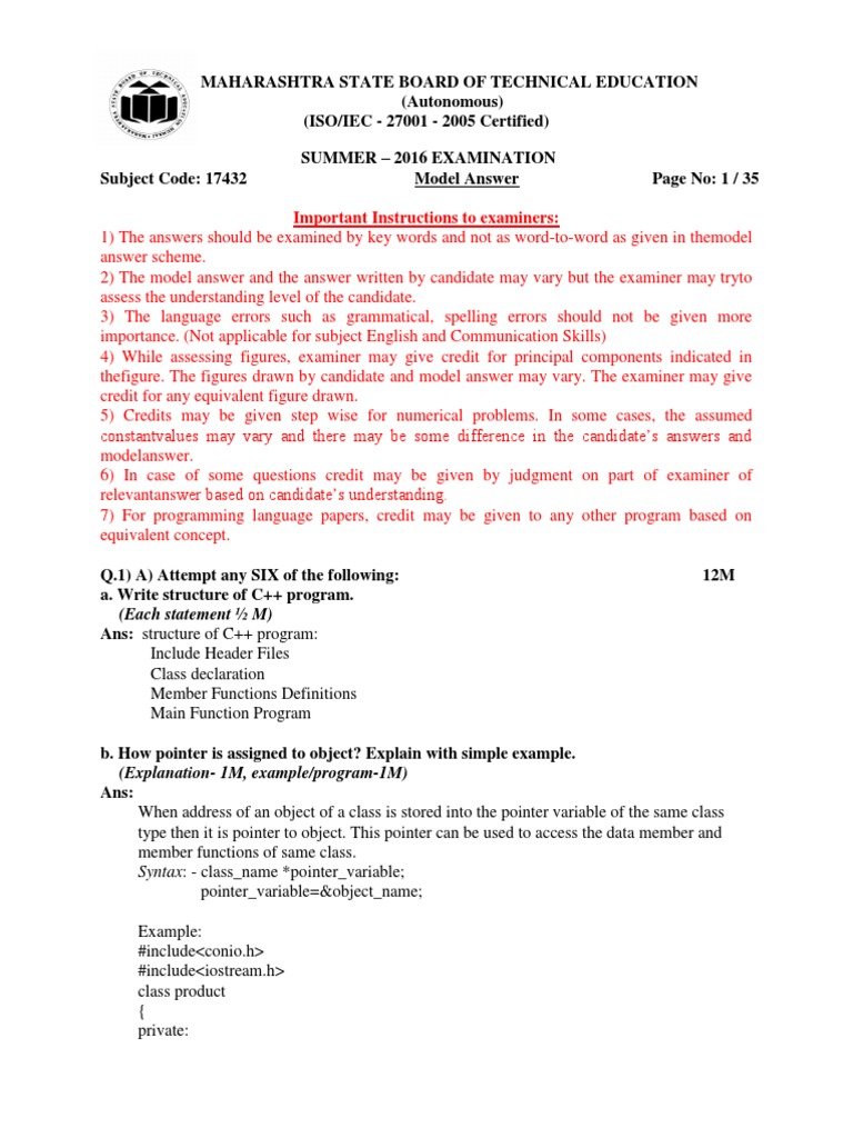 2016 Summer Model Answer Paper | PDF | Class (Computer Programming ...