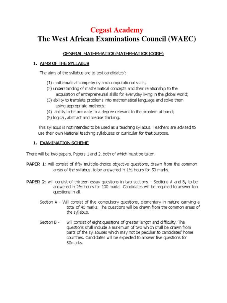 WAEC Core Mathematics General Mathematics Syllabus Cegast Academy For ...
