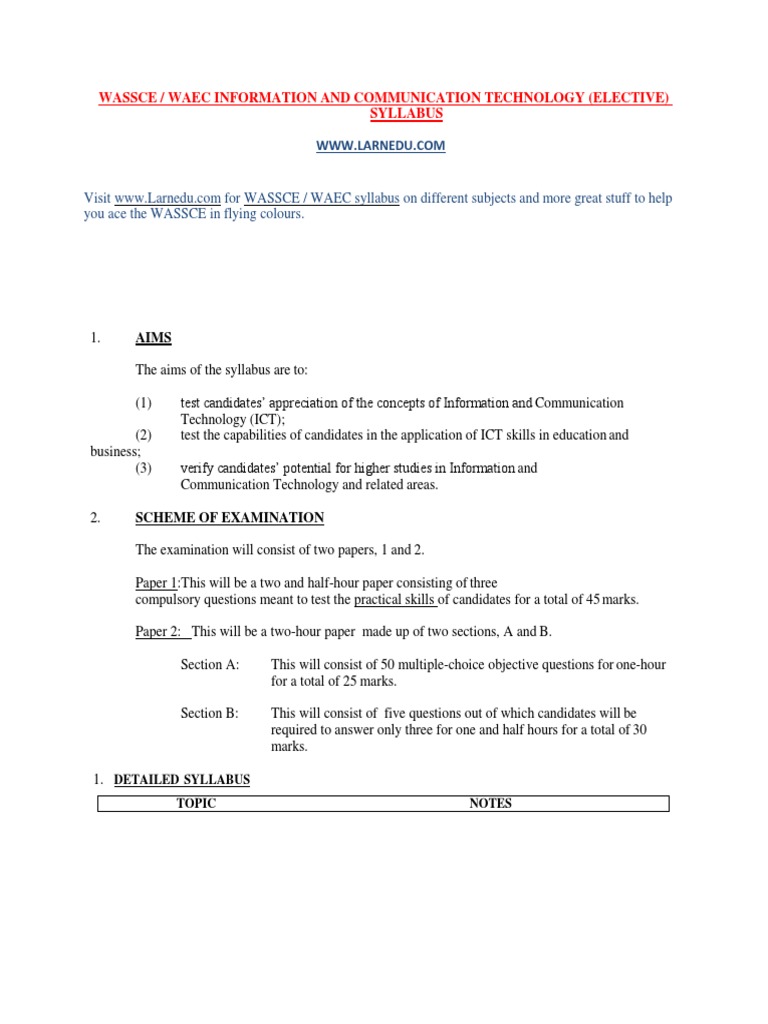 WAEC ICT Elective Syllabus 2025 | PDF | Computer Network | Software