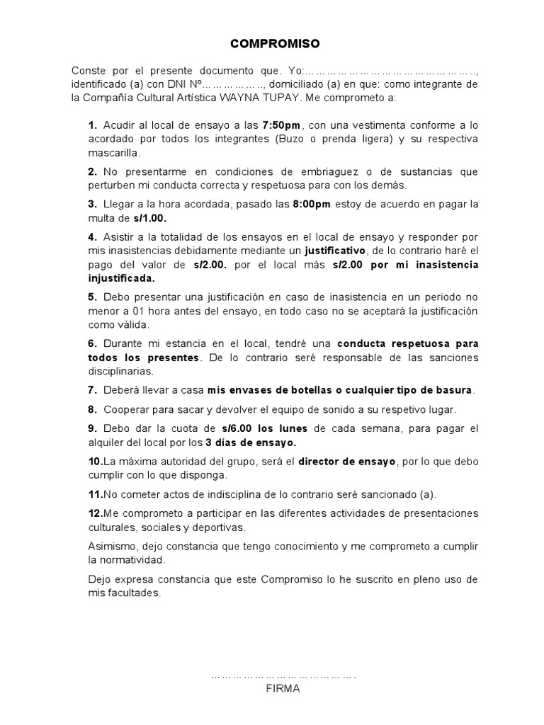 Compromiso de Asistencia y Conducta Artística | PDF | Cocina, comidas y ...