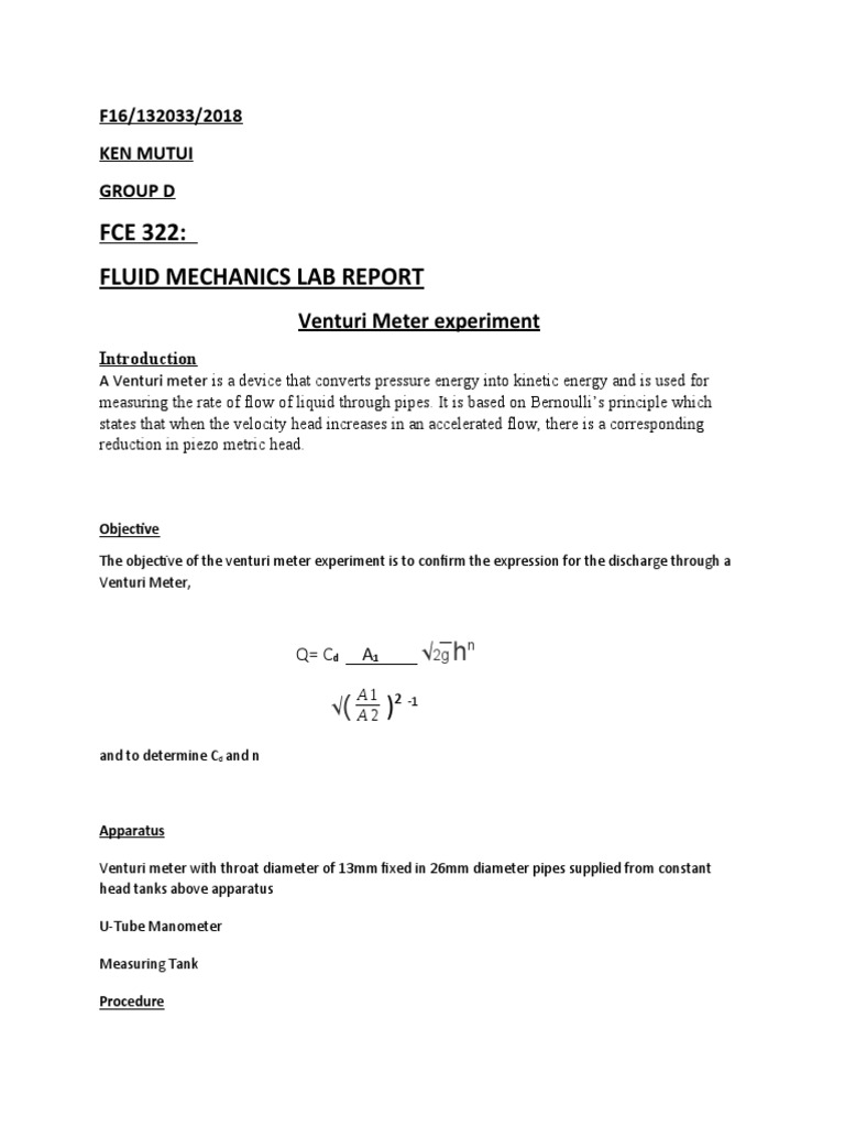 FCE 322 Fluid Mechanics Lab Report Venturi Meter Experiment Download Free PDF Friction