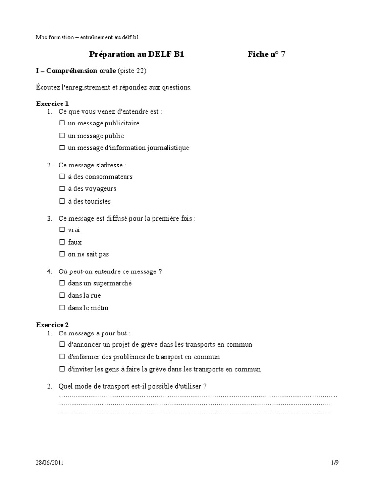 Préparation DELF B1 : Compréhension orale et écrite | PDF