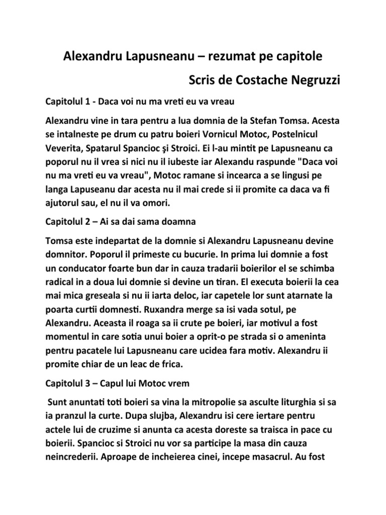 Alexandru Lapusneanu Rezumat Pe Capitole Alexandru Lapusneanu - Rezumat Pe Capitole | PDF