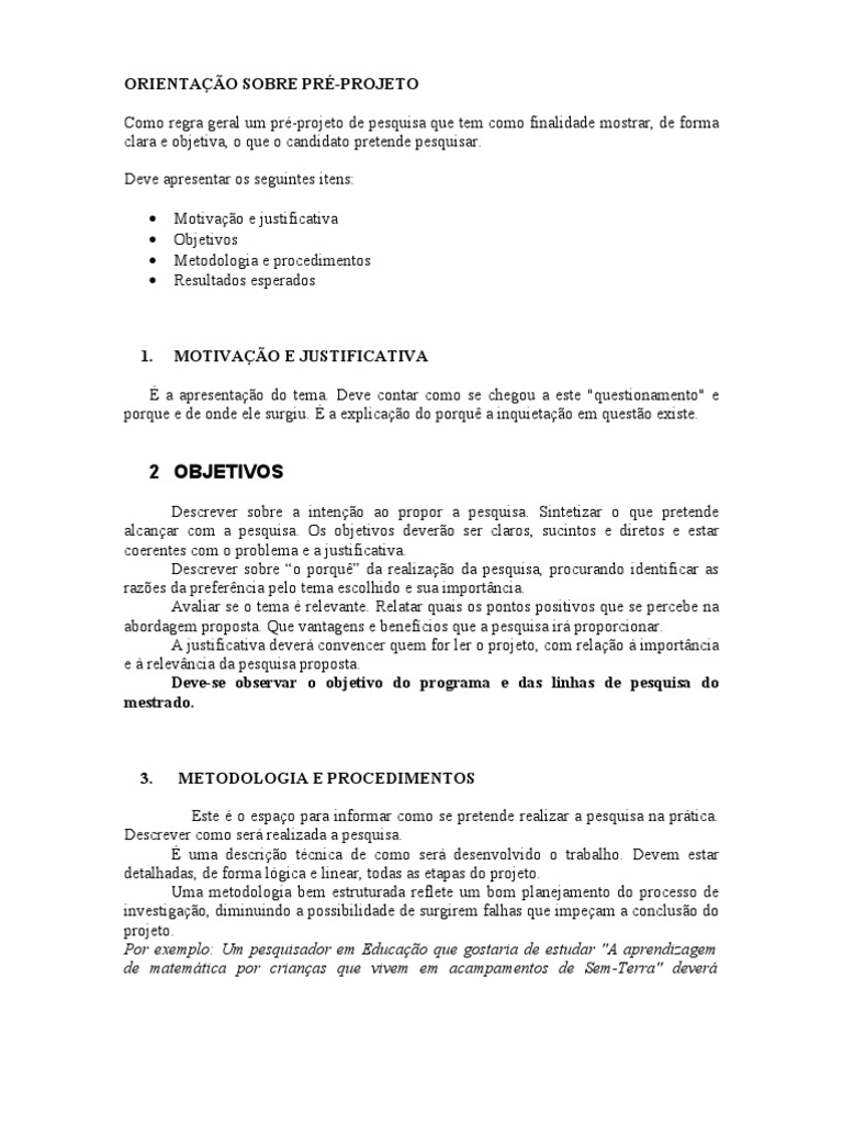 Modelo Pre Projeto | Download grátis PDF | Mestrado | Metodologia