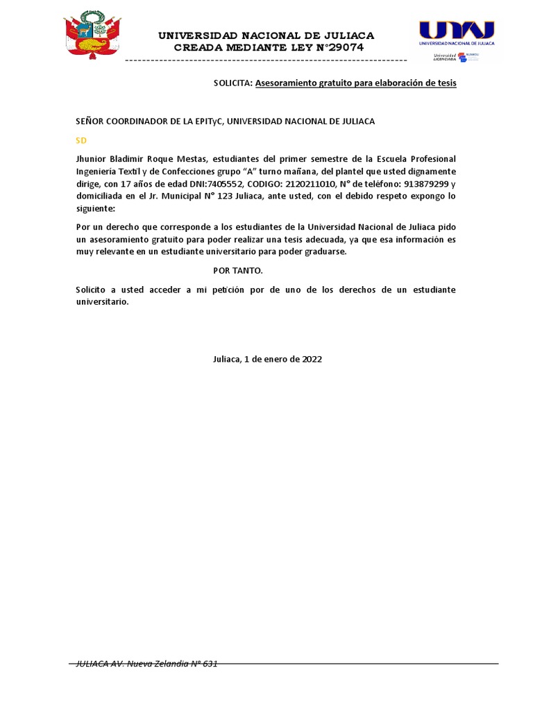 Solicitud de Asesoramiento para Tesis | PDF