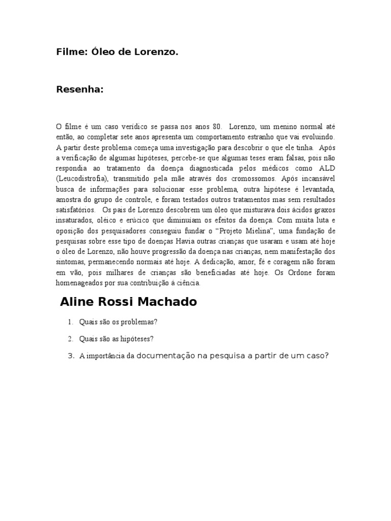Resumo do Filme Óleo de Lorenzo | PDF | Autoajuda | Bem-estar