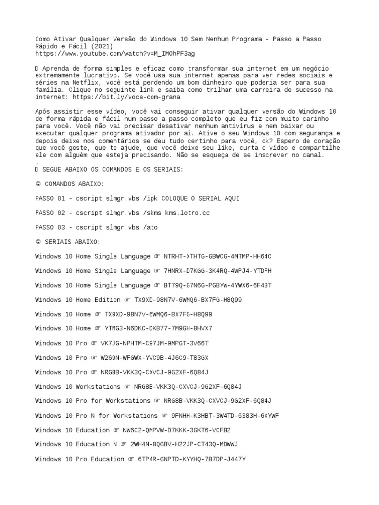 Ativar Qualquer Versão Do Windows 10, PDF, Windows 10