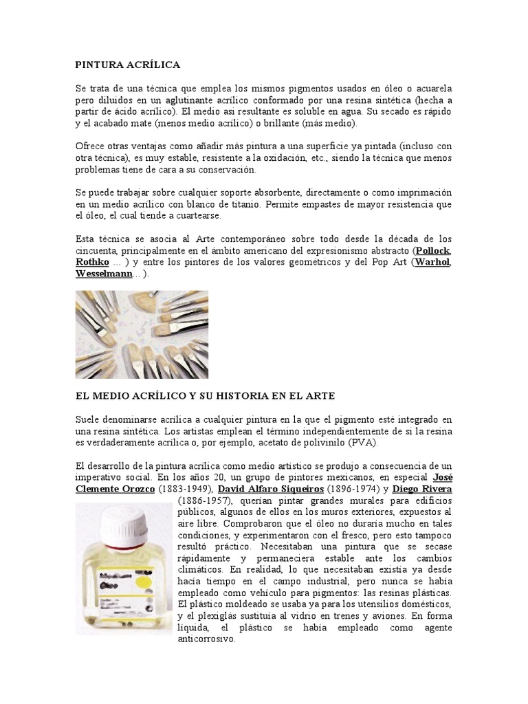 Historia y técnicas de pintura acrílica | PDF | Pinturas | Pintura al óleo