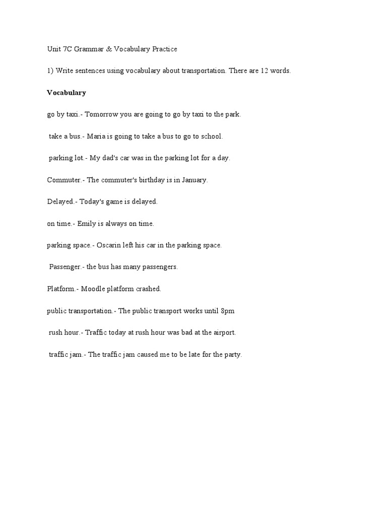 Transportation Vocabulary and Grammar Practice | PDF