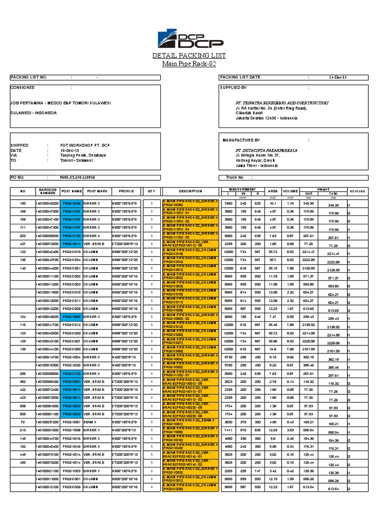 Main Pipe Rack Packing List | PDF