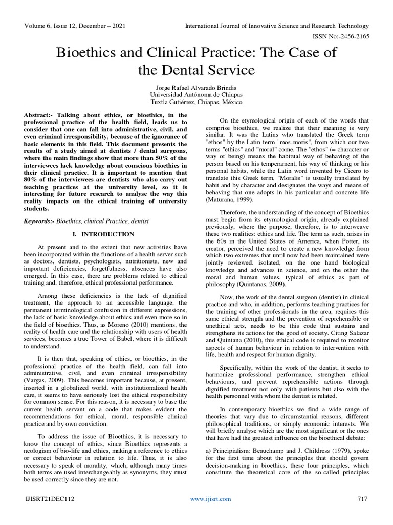 Bioethics and Clinical Practice The Case of The Dental Service PDF