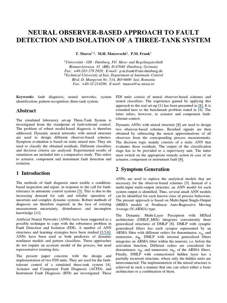 Neural Fault Detection in Three-Tank System | PDF | Artificial Neural ...