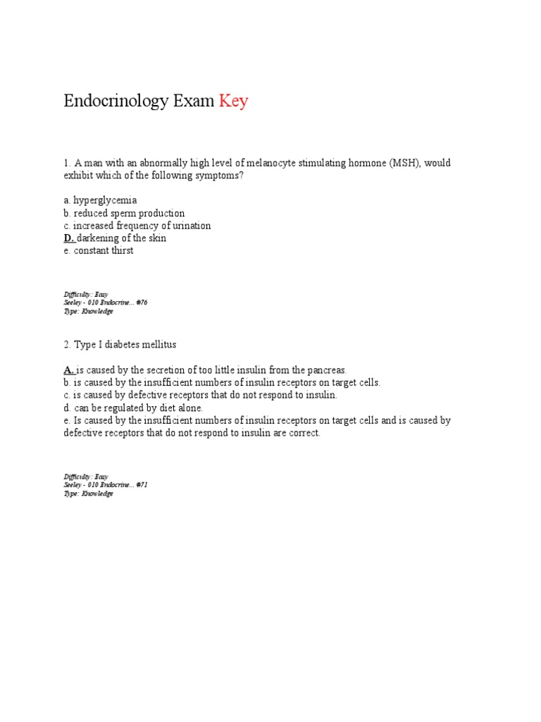 Endocrinology Exam Key PDF Endocrine System Hormone