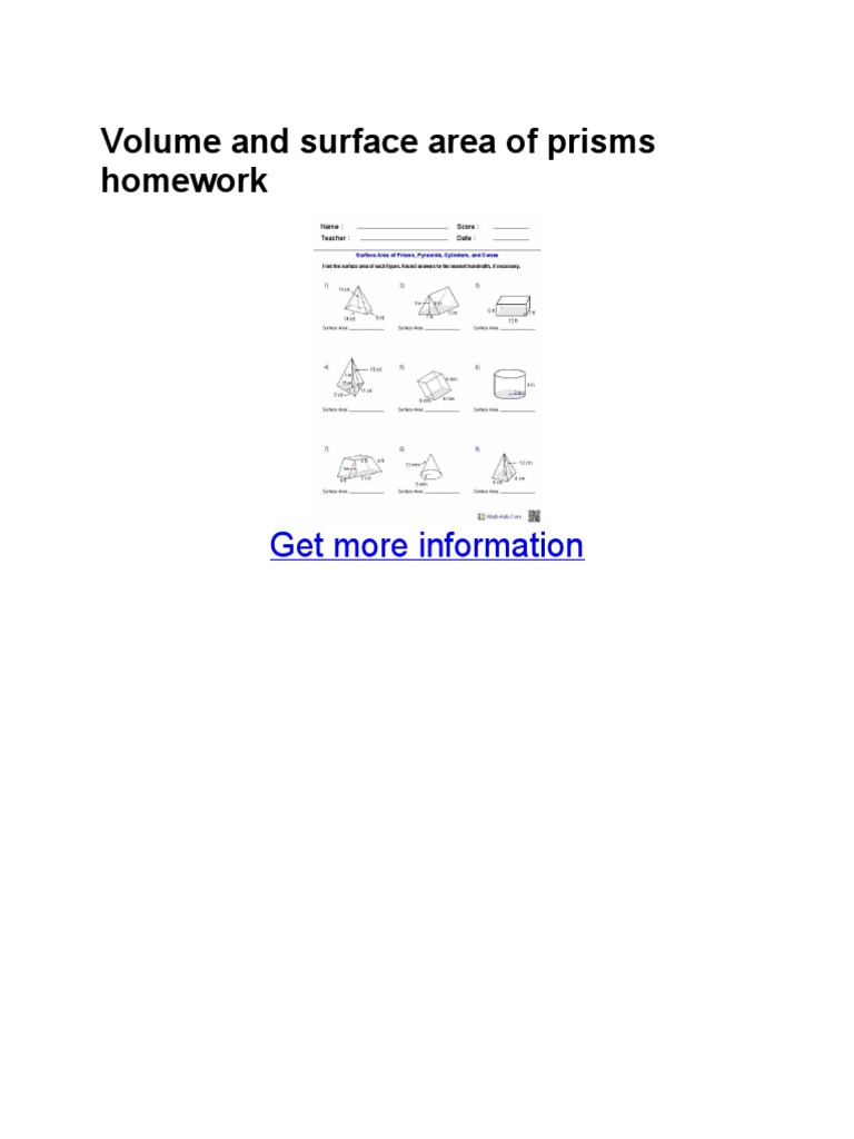 Volume and Surface Area of Prisms Homework | PDF | Area | Volume