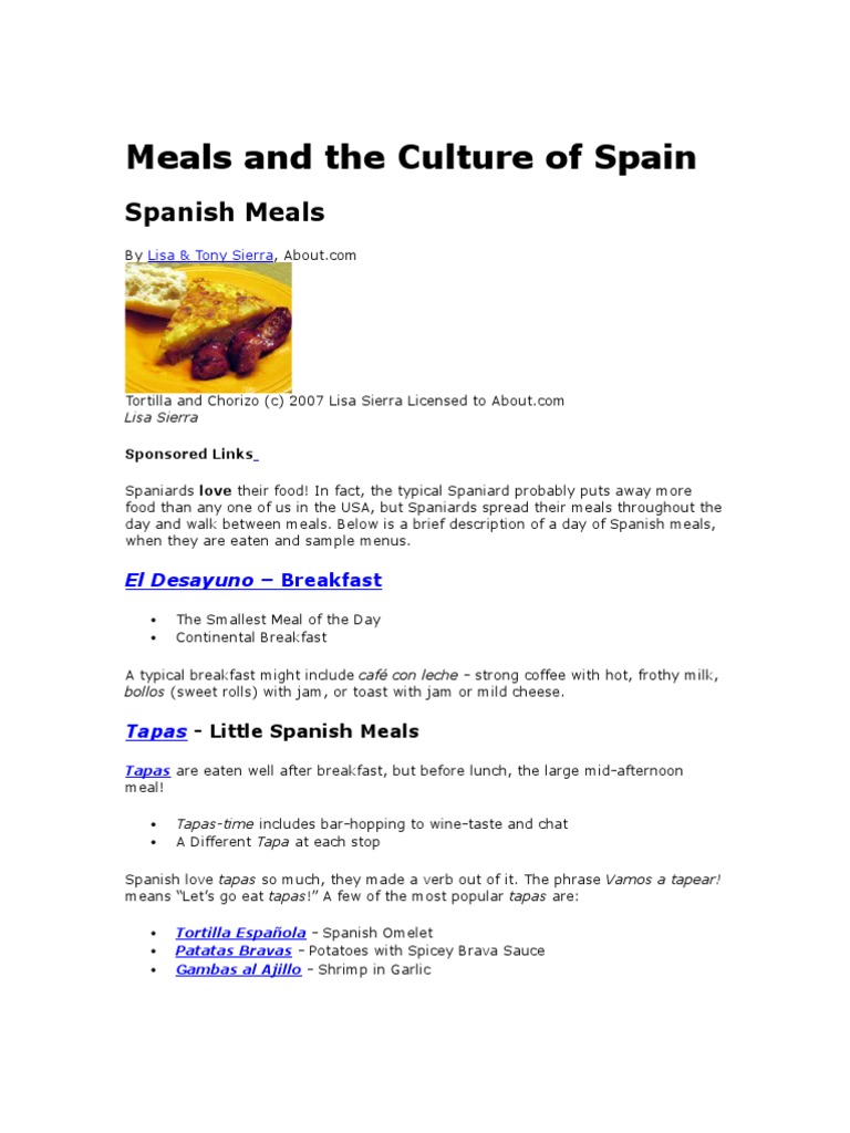 What Time Is The Typical Lunch and Dinner Eaten in Spain PDF Lunch