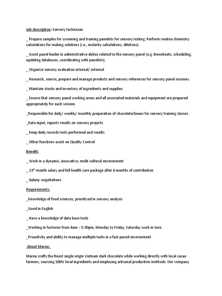 Sensory Analysis Technician Job Description PDF