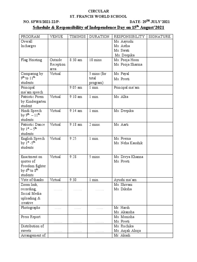 Independence Day Celebration Agenda | PDF