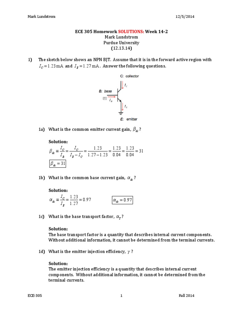 ECE 305 Week 14-2 Homework Solutions | PDF | Bipolar Junction ...
