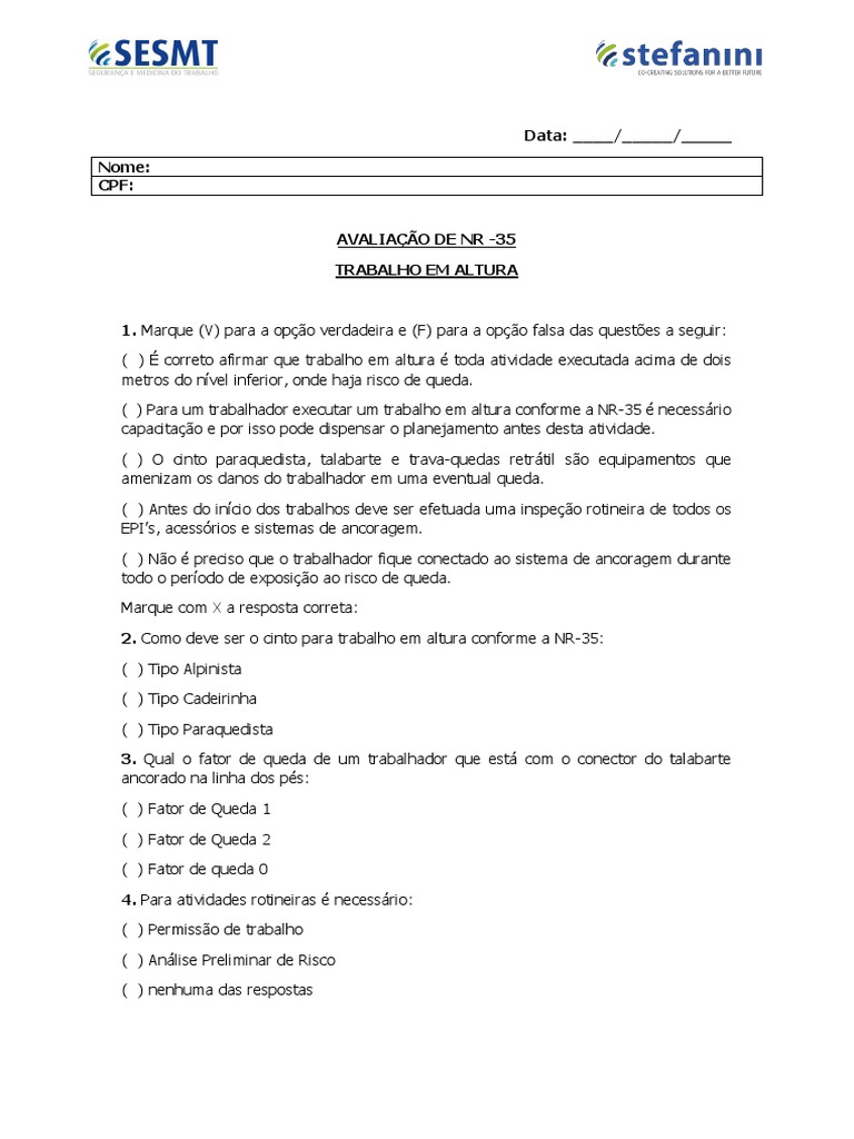 Prova NR-35 com Gabarito Word | PDF