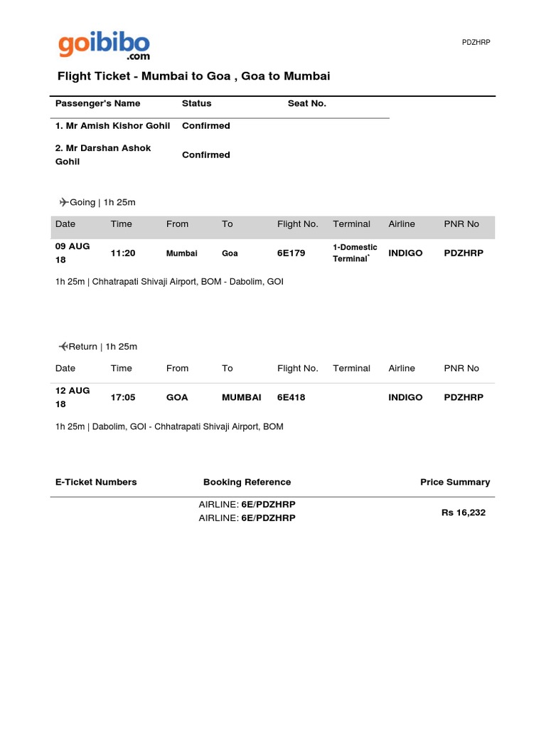 Flight Ticket Mumbai To Goa, Goa To Mumbai PDF Service Industries