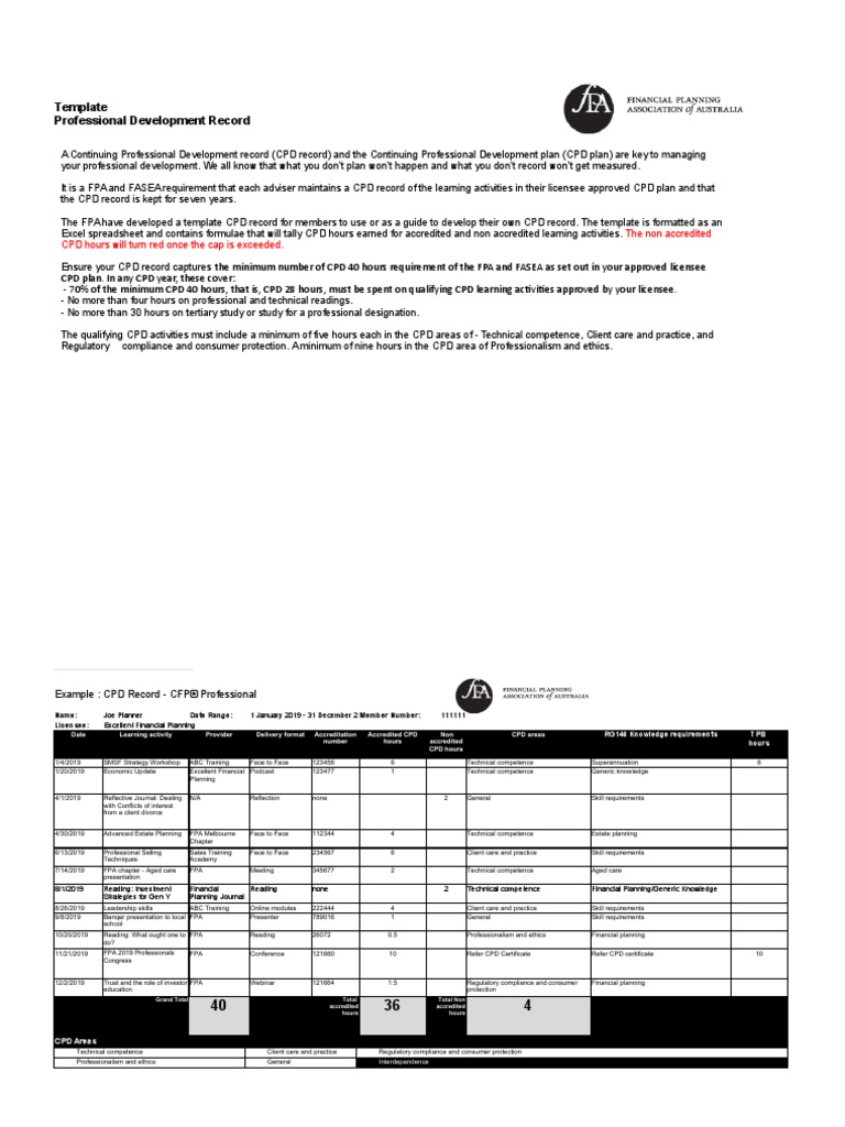 CPD Record Template FASEA PDF Professional Development Business