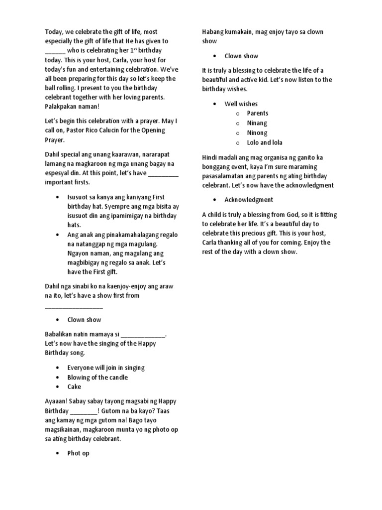 Hosting Script First Birthday | PDF | Birthdays | Traditions
