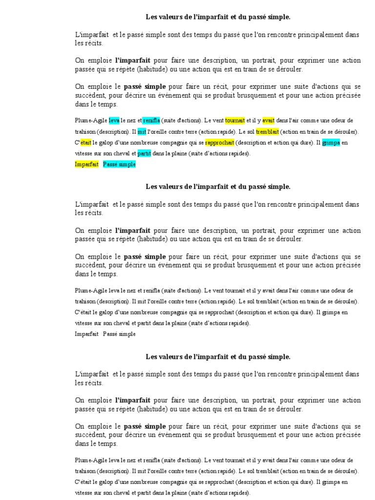 Dictée 4ème Imparfait Passé Simple valeurs passé simple et de l'imparfait | Chevaux | La nature