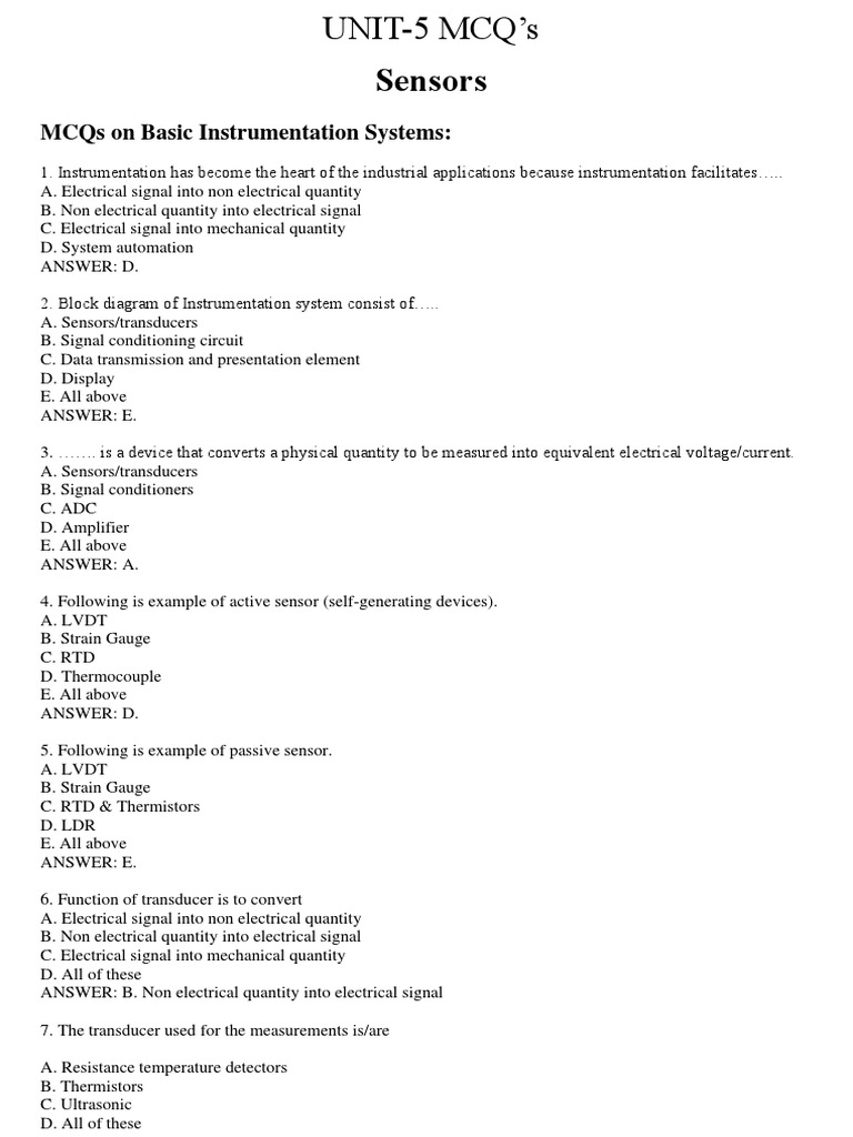 Sensors Mcqs On Basic Instrumentation Systems Descargar gratis PDF